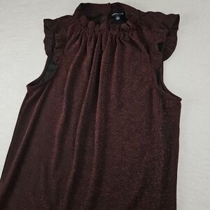 Womens Olivia Blu Pullover Top Black With Woven Metallic Red Sleeveless Ruffles